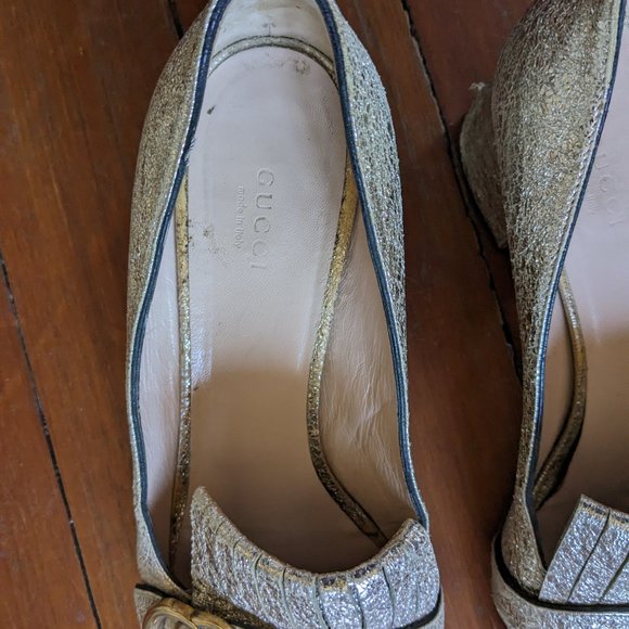Gucci Galassia Platino Crackle Heels Marmont Loafers Gold - Picture 2 of 6